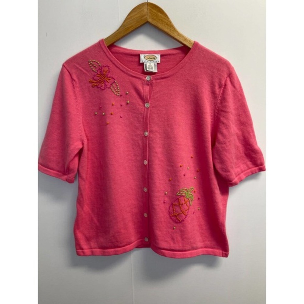 Talbots Women's 14 Cardigan Sweater Salmon Pink Pineapple‎ Embellished Floral